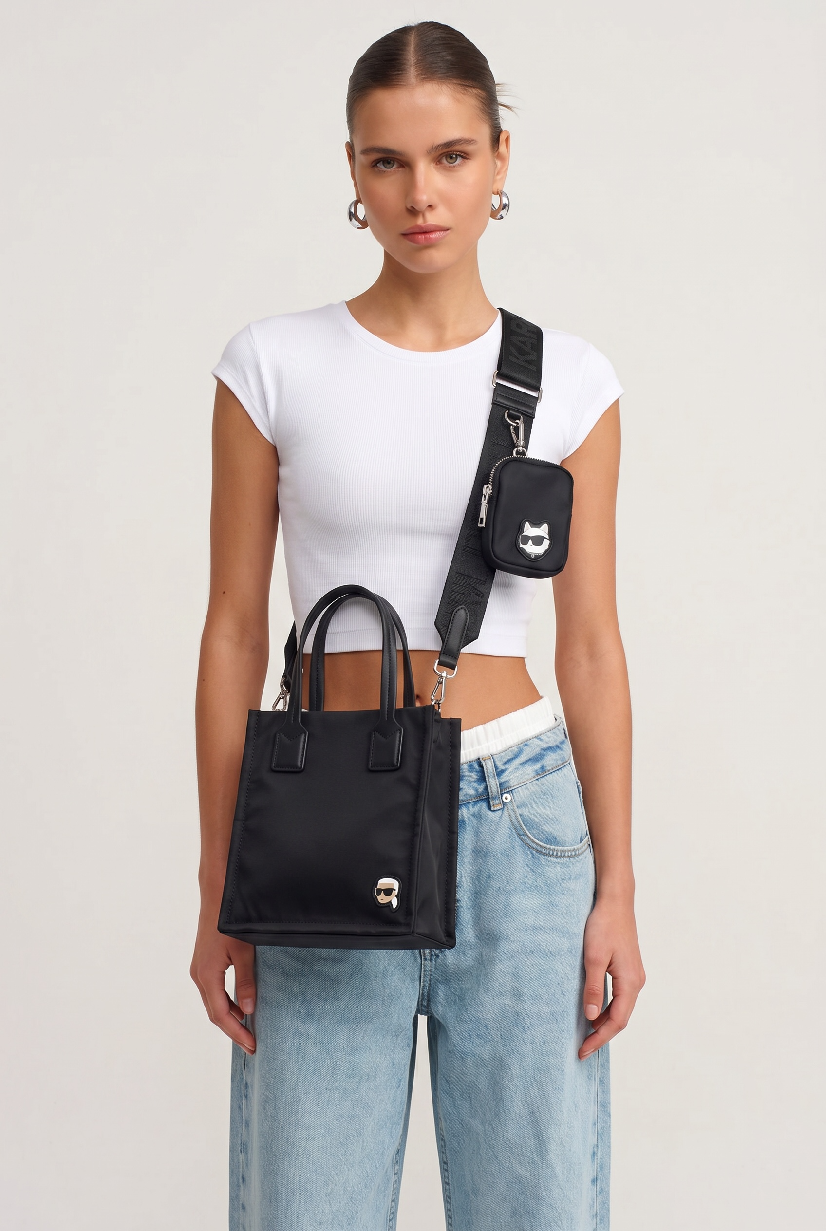 KARL LAGERFELD Mini Black Tote Bag 🖤✨ | Crossbody Set with Pouch