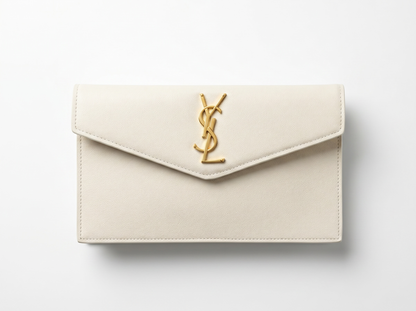 Saint Laurent Ivory Grain Leather YSL Envelope Clutch 🤍✨💛👛🔥