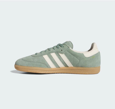 Adidas Samba seafoam green suede sneaker with white stripes and gum sole