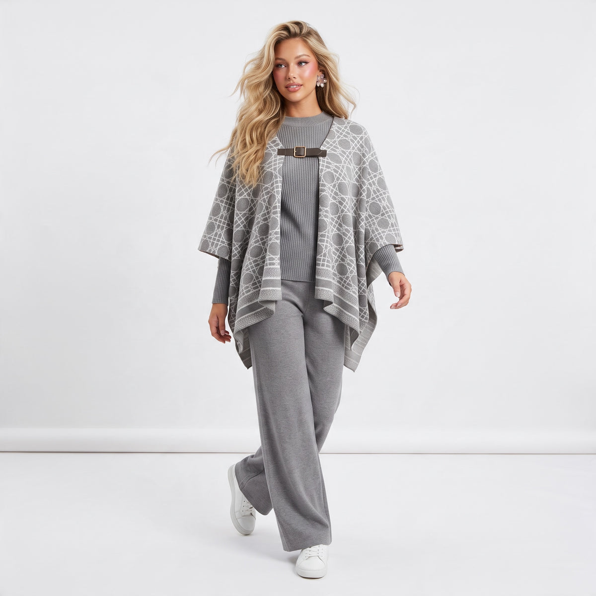 Grey geometric patterned cape with front buckle closure