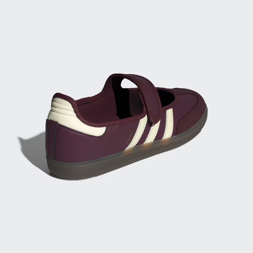 maroon adidas samba mary jane sneaker with cream three stripes and velcro strap