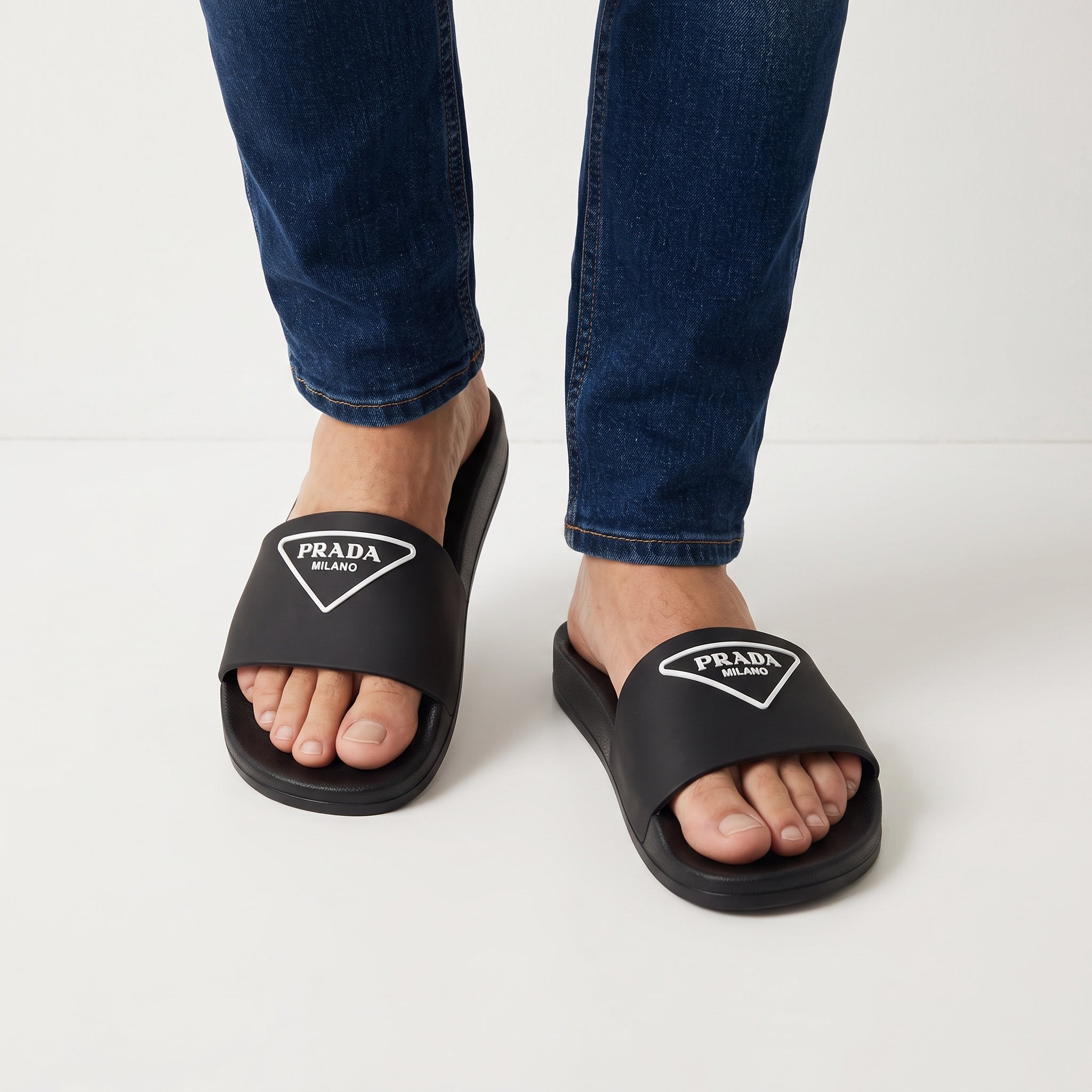Black Prada logo slide sandals on model feet