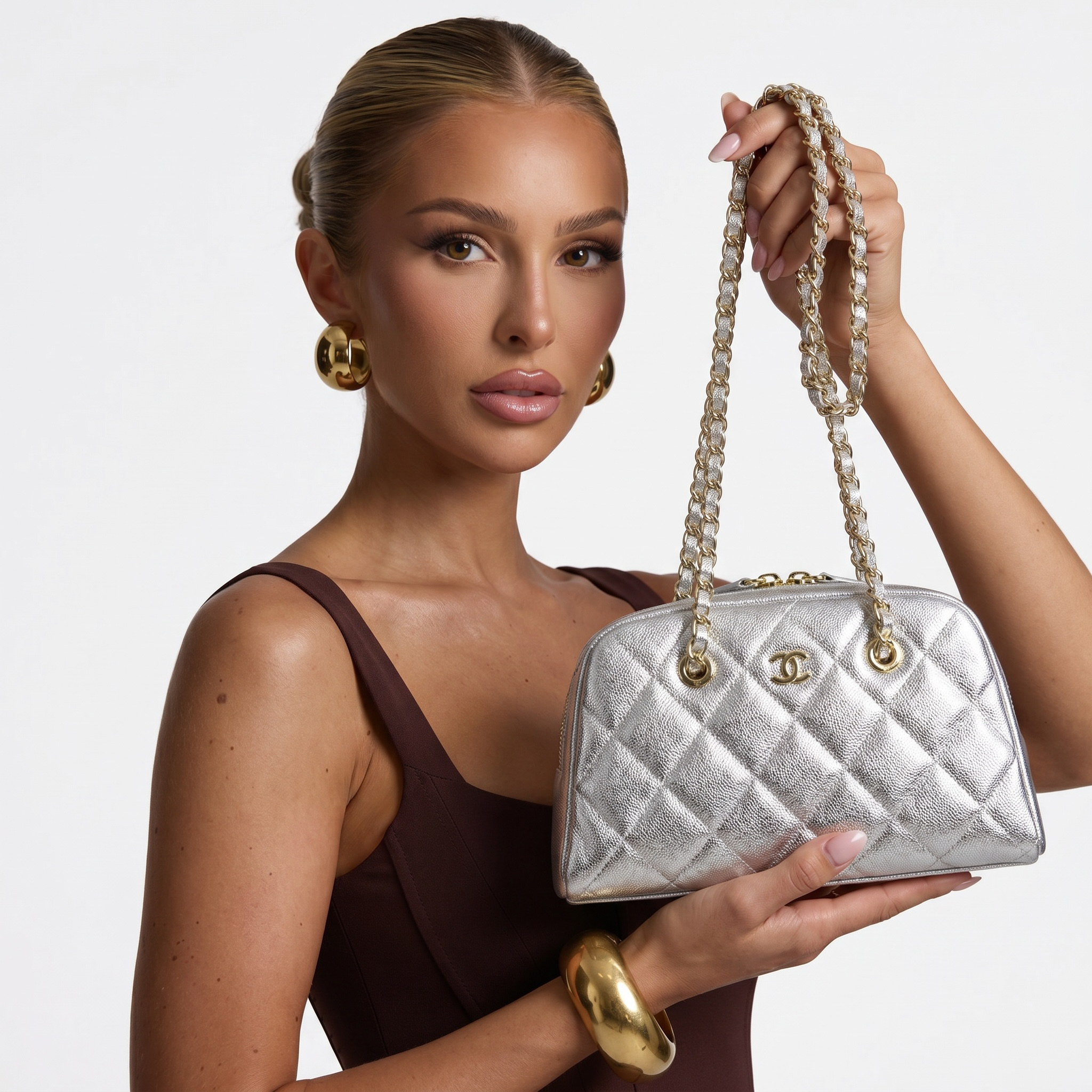 Chanel Metallic Silver Quilted Chain Bowling Bag ✨🩶