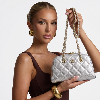 Chanel Metallic Silver Quilted Chain Bowling Bag ✨🩶