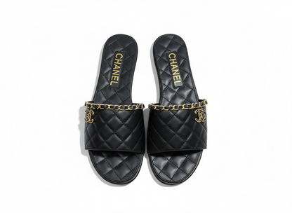 CHANEL Quilted Chain Slides – Black Gold 🖤✨ | Effortless Luxury Comfort
