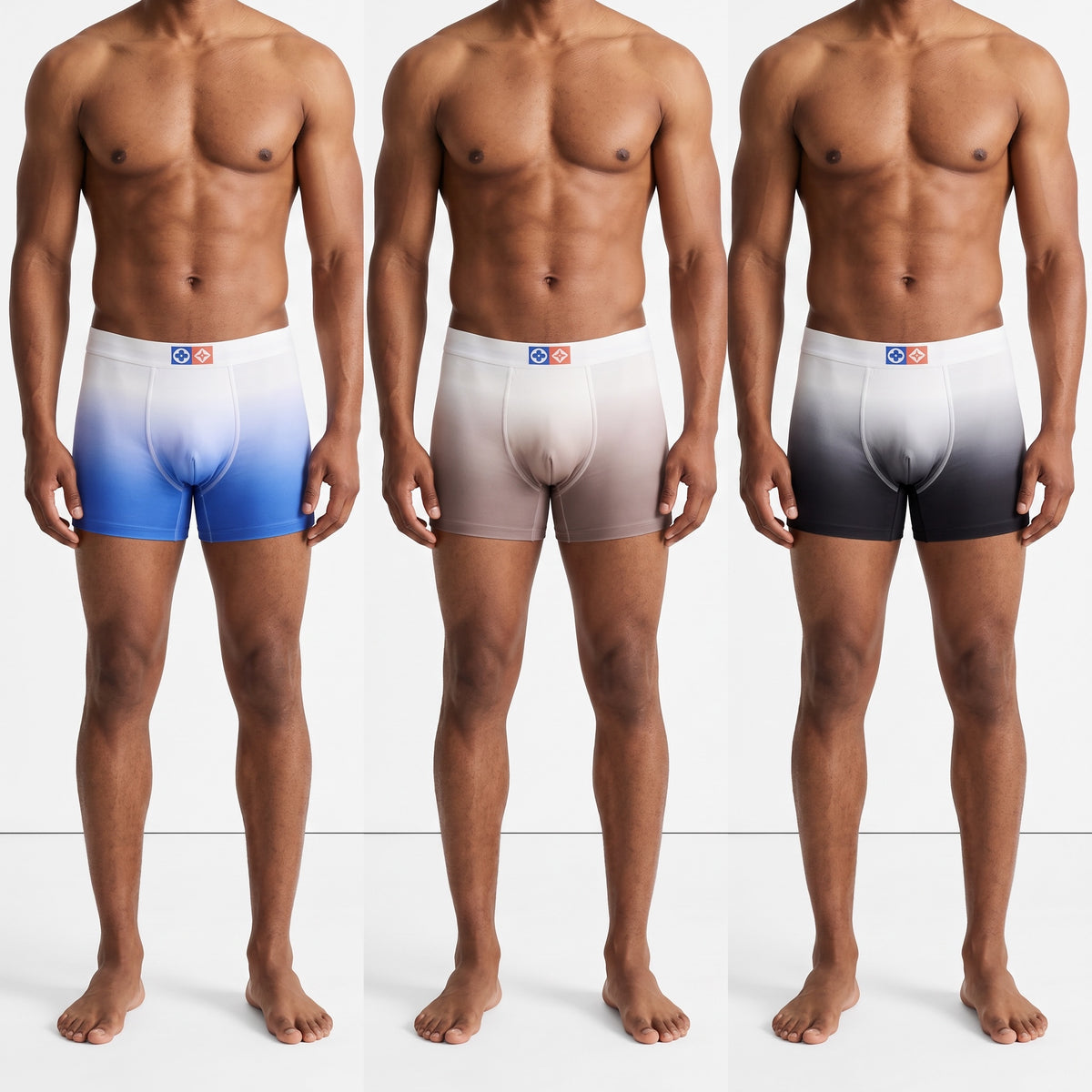 Three pairs of Louis Vuitton ombre boxer briefs on male model with logo waistband