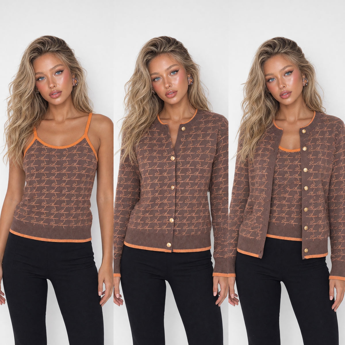 Brown knit tank top with orange trim and matching brown button cardigan with gold buttons and script pattern