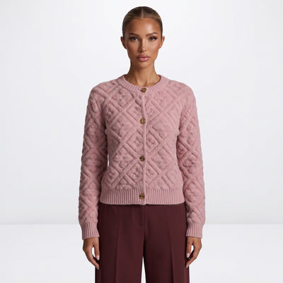 Louis Vuitton pink textured bouclé cardigan with gold buttons