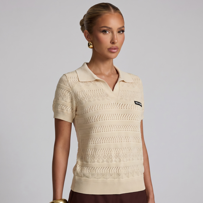 ✨ Miu Miu Pointelle Knit Polo Top – Ivory (one size)