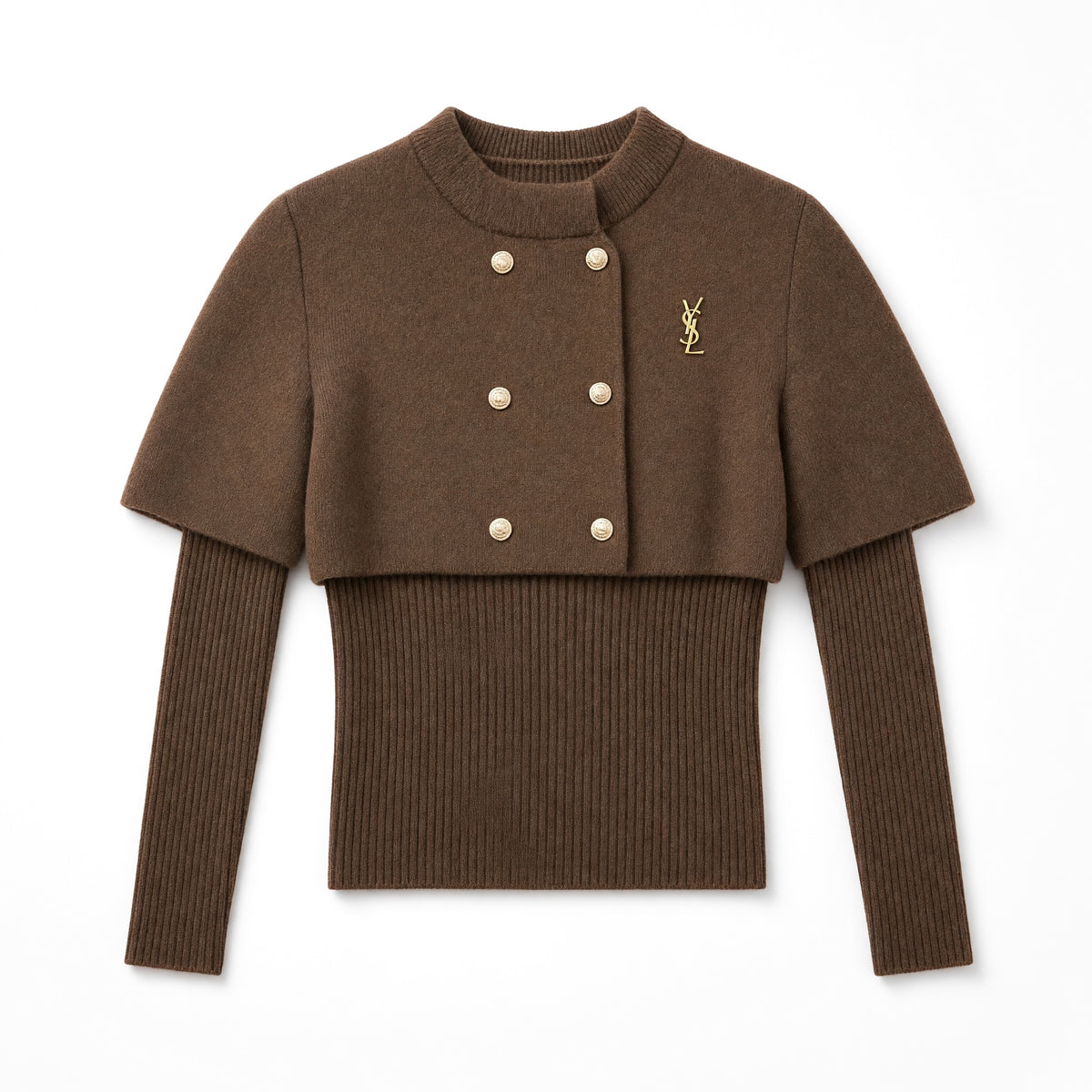 Saint Laurent brown cropped capelet sweater with gold buttons and YSL logo