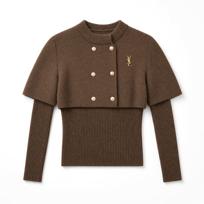 Saint Laurent brown cropped capelet sweater with gold buttons and YSL logo