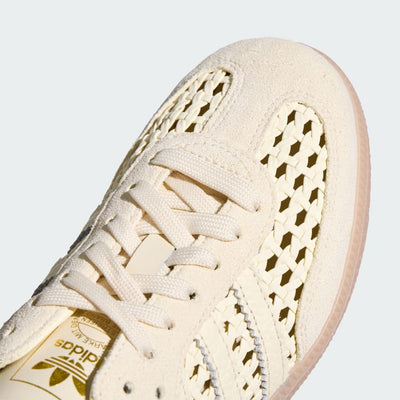 Cream Adidas Samba mule with woven upper and gum sole, backless slip-on style
