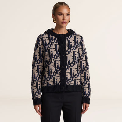 Christian Dior beige and navy monogram button cardigan with ribbed trims