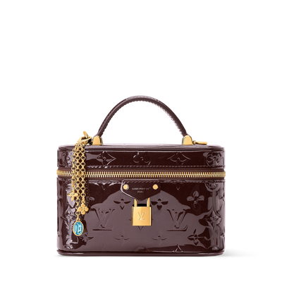 Louis Vuitton small burgundy patent monogram vanity bag with gold hardware and chain charm