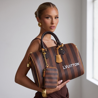 Louis Vuitton Brown Striped Speedy Handbag with Matching Pouch