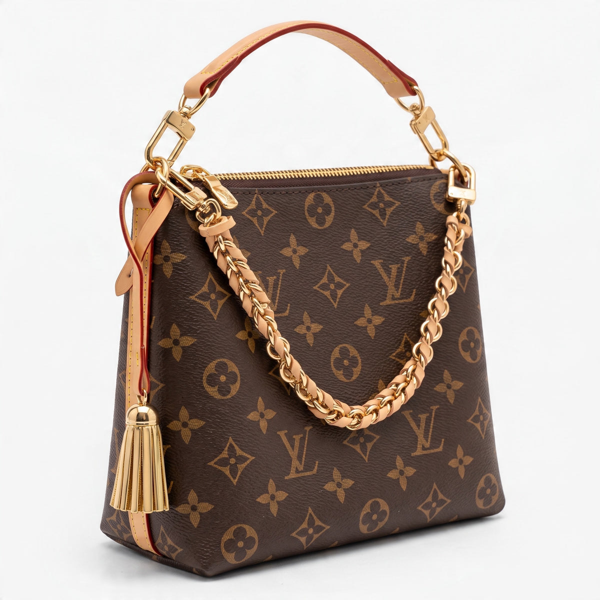 Louis Vuitton brown monogram shoulder bag with gold chain and tassel