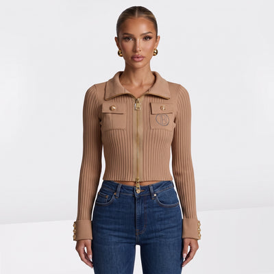Balmain camel ribbed zip jacket with gold hardware and chest pockets