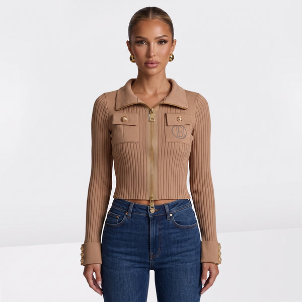 Balmain Ribbed Zip Jacket – Camel Knit 🧥one size