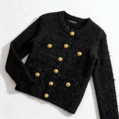 Balmain cropped black textured jacket with gold buttons