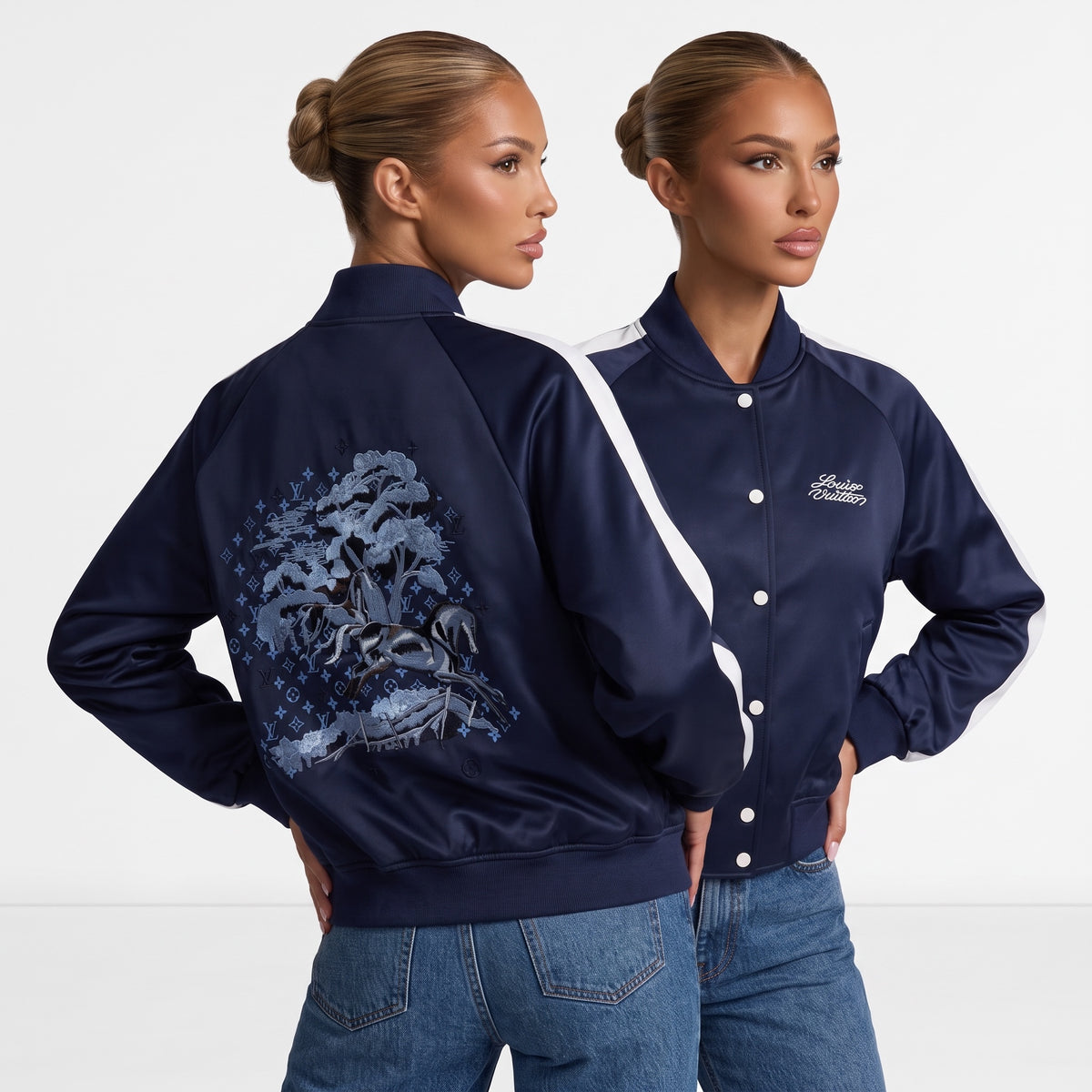 Louis Vuitton navy bomber jacket with embroidered back and white contrast panels
