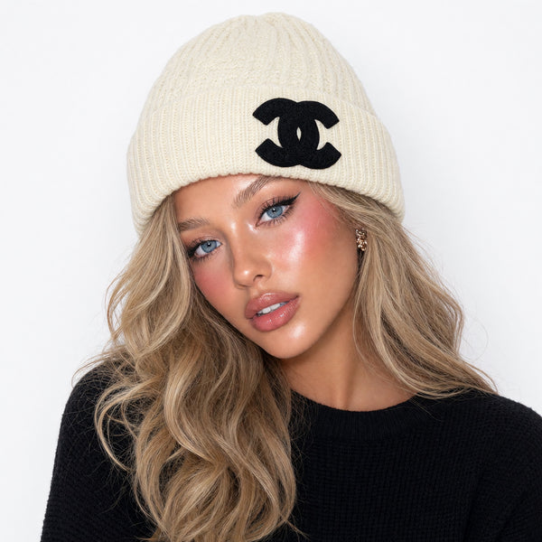 Chanel Ribbed Knit Logo Beanie — Cream