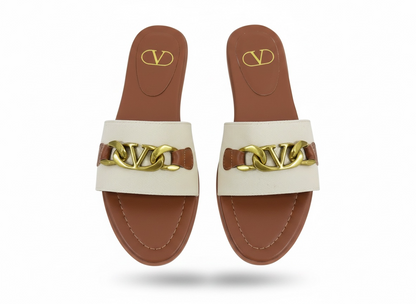 Valentino VLogo Slide Sandals 🤎✨ Gold Chain Edition