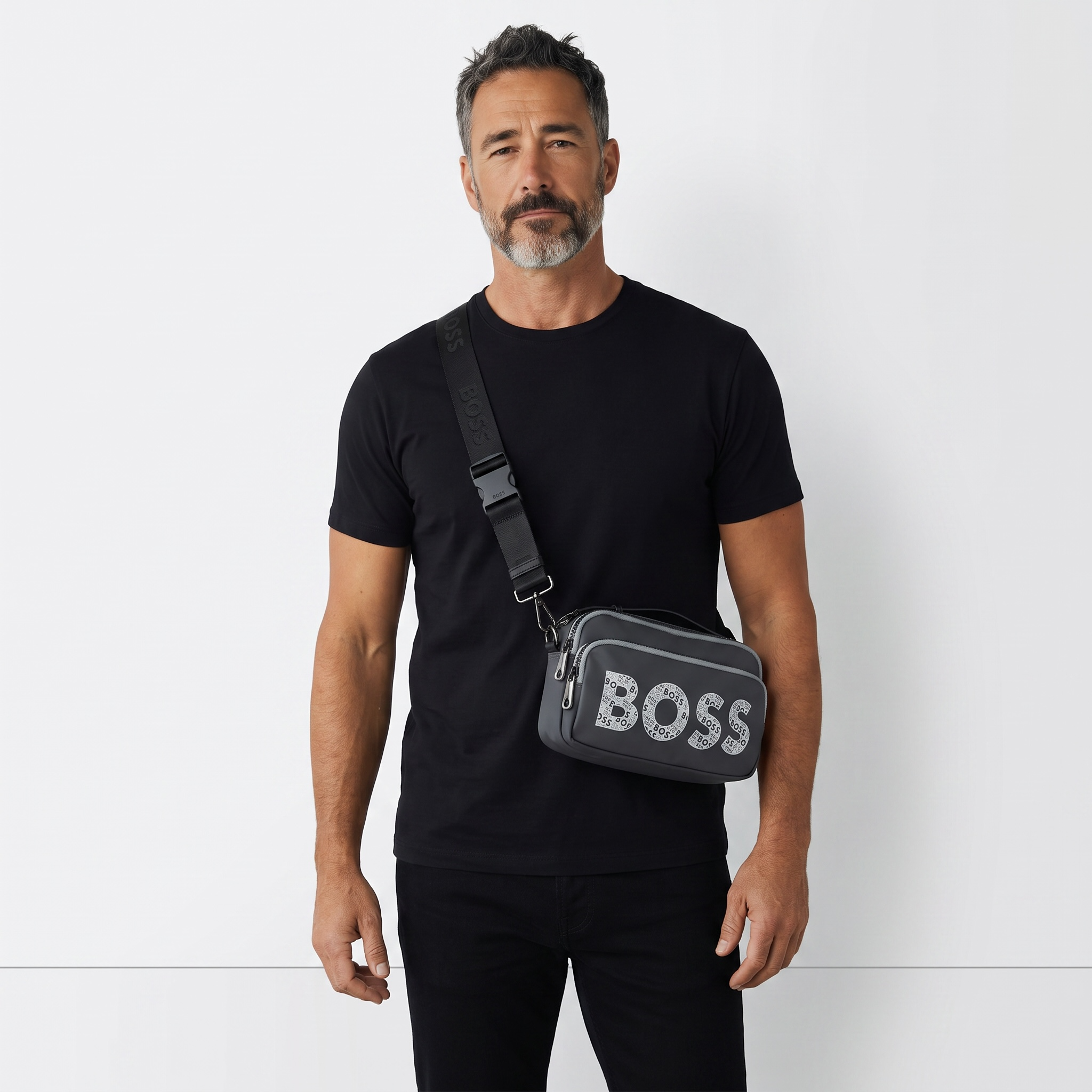 BOSS Signature Crossbody Bag – Sleek Grey Statement Shoulder Bag 🖤👜