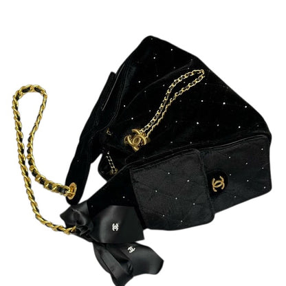 Chanel Velvet Crystal Quilted Shoulder Bag – Black & Gold ✨🖤