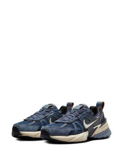 navy layered men's Nike sneaker with mesh and suede upper, cream midsole and blue outsole