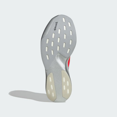 silver adidas adizero running shoe with solar red three stripes