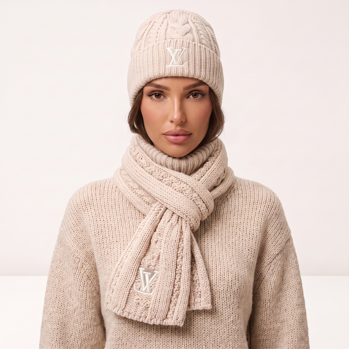 🤍 Louis Vuitton Ivory Cable Knit Beanie & Scarf Set – Elegant Winter Essential ❄️