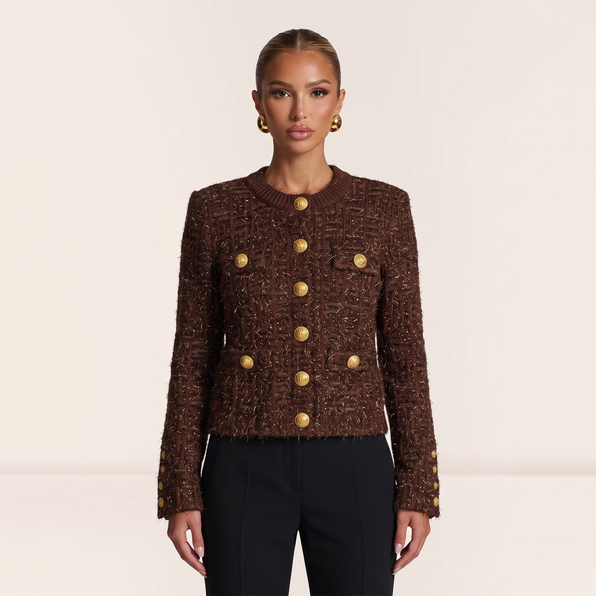 Balmain brown cropped textured jacket with gold buttons
