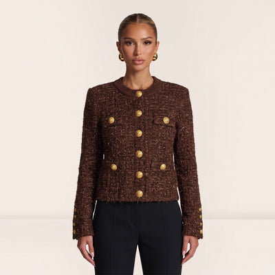 Balmain brown cropped textured jacket with gold buttons