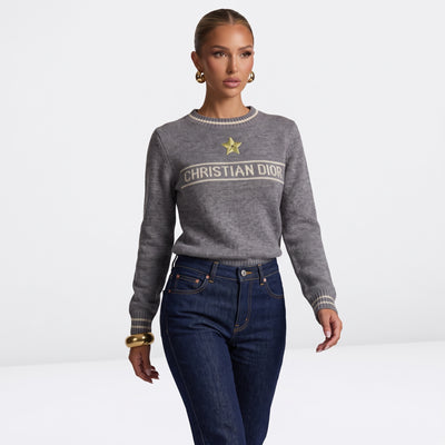 Christian Dior grey crewneck jumper with jacquard logo and gold star applique