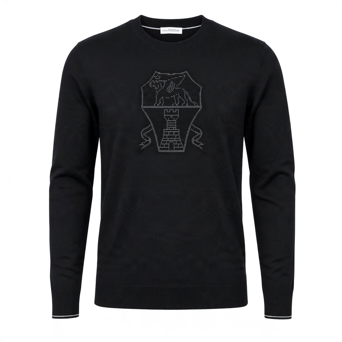 Black crewneck sweater with tonal stitched crest on chest