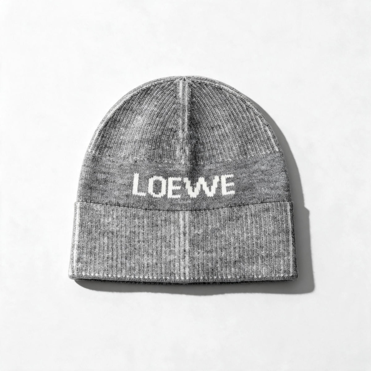 Grey Loewe knit beanie with white LOEWE logo on cuff