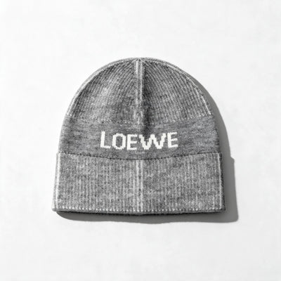 Grey Loewe knit beanie with white LOEWE logo on cuff