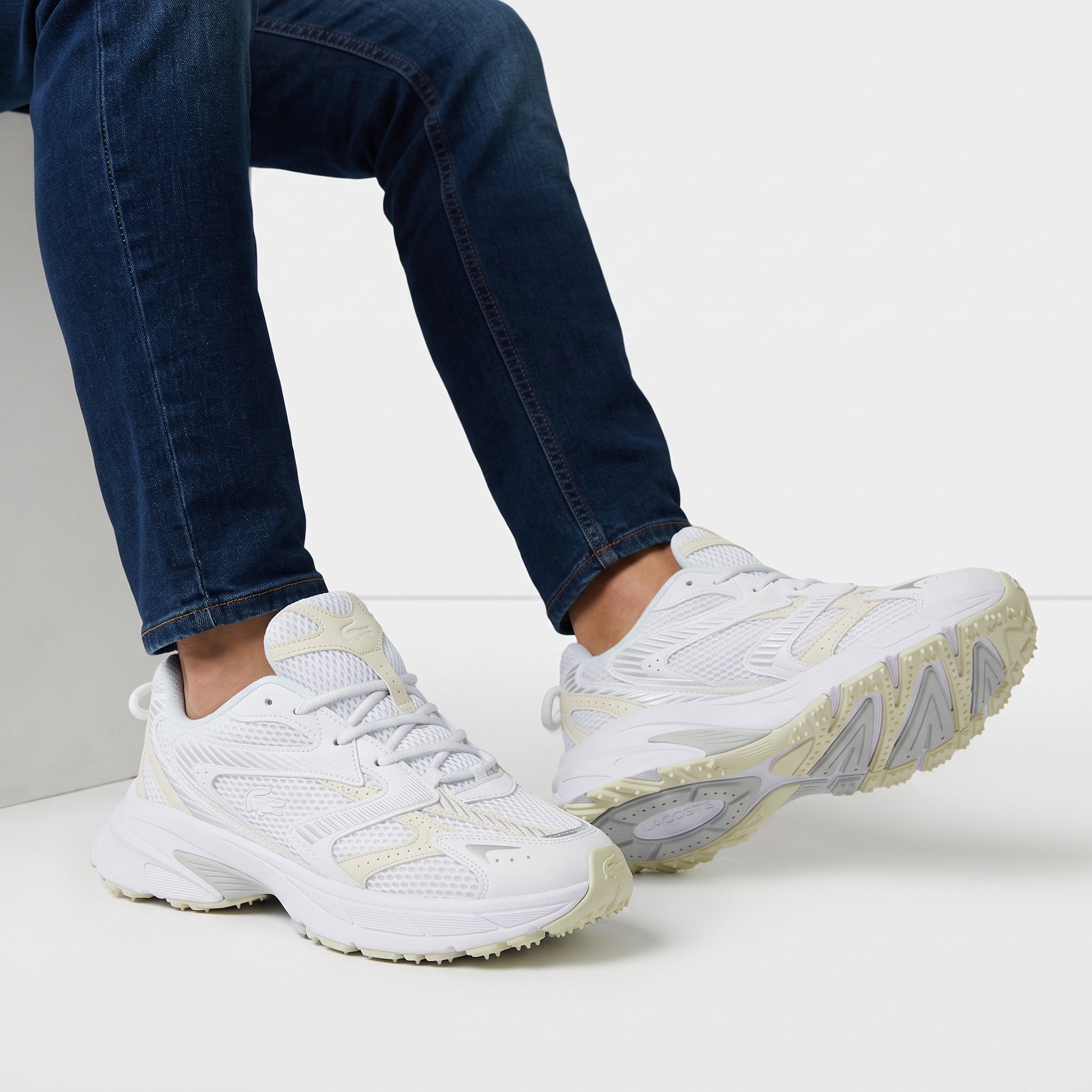 Lacoste white mesh sneakers with chunky sole and crocodile logo