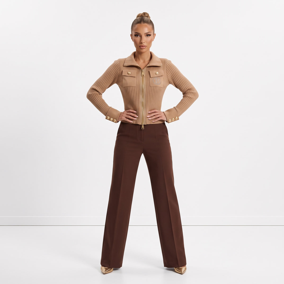 Balmain camel ribbed zip jacket with gold hardware and chest pockets