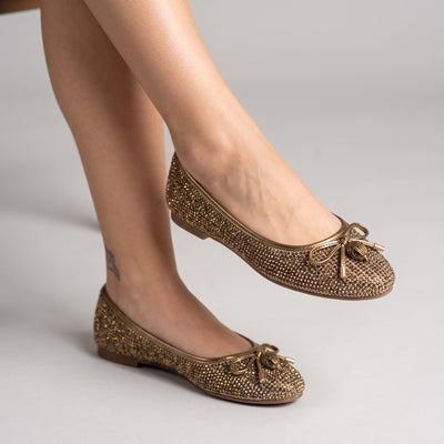 metallic gold crystal embellished ballet flats with bow