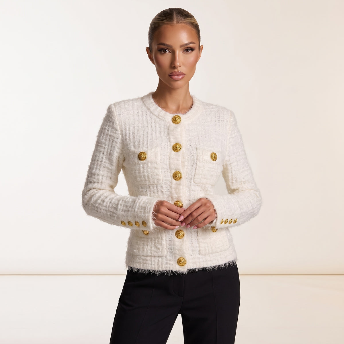 White Balmain tweed jacket with gold buttons and patch pockets