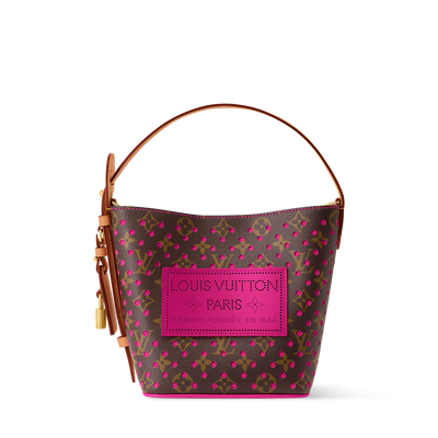 Louis Vuitton brown monogram bucket bag with pink perforations and natural leather handle