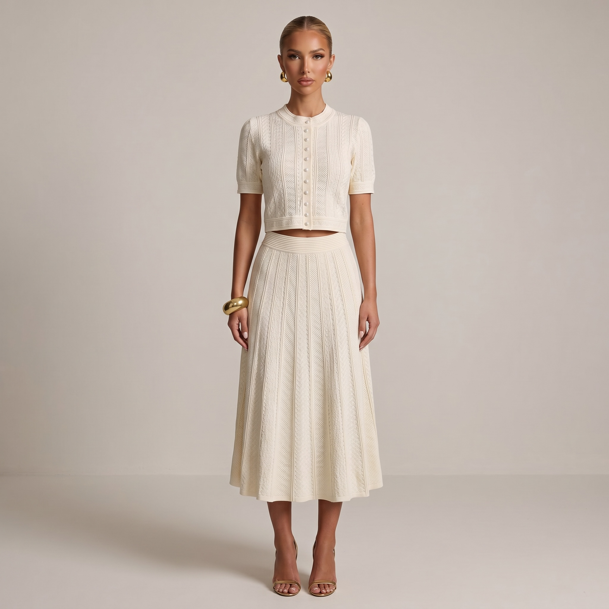 Sandro Cream Knit Two-Piece Skirt Set with Pearl Buttons 🤍✨
