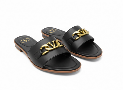 Valentino VLogo Black Slide Sandals 🖤✨ Gold Chain Edition