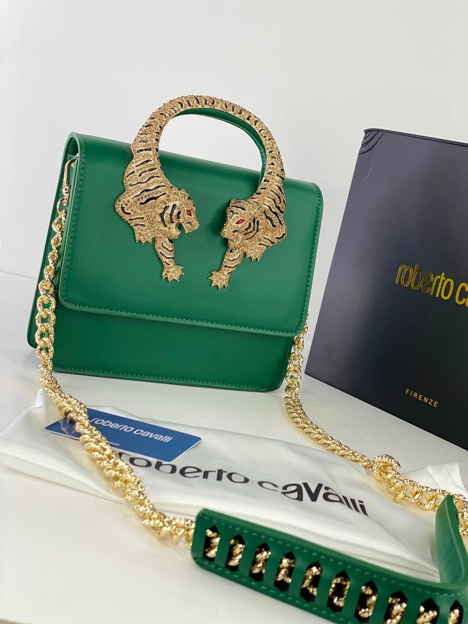 Roberto Cavalli Designer Handbag with Gold Tiger Handle