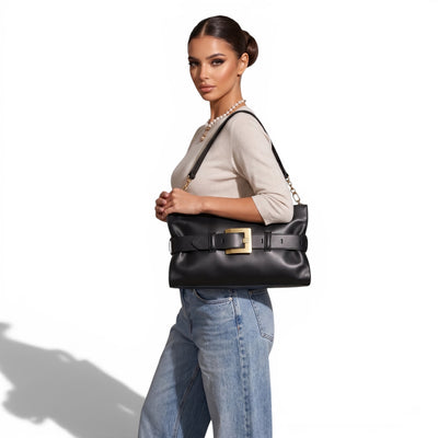 Balmain Luxury Belted Shoulder Bag for Women – Black Gold Buckle Designer Handbag