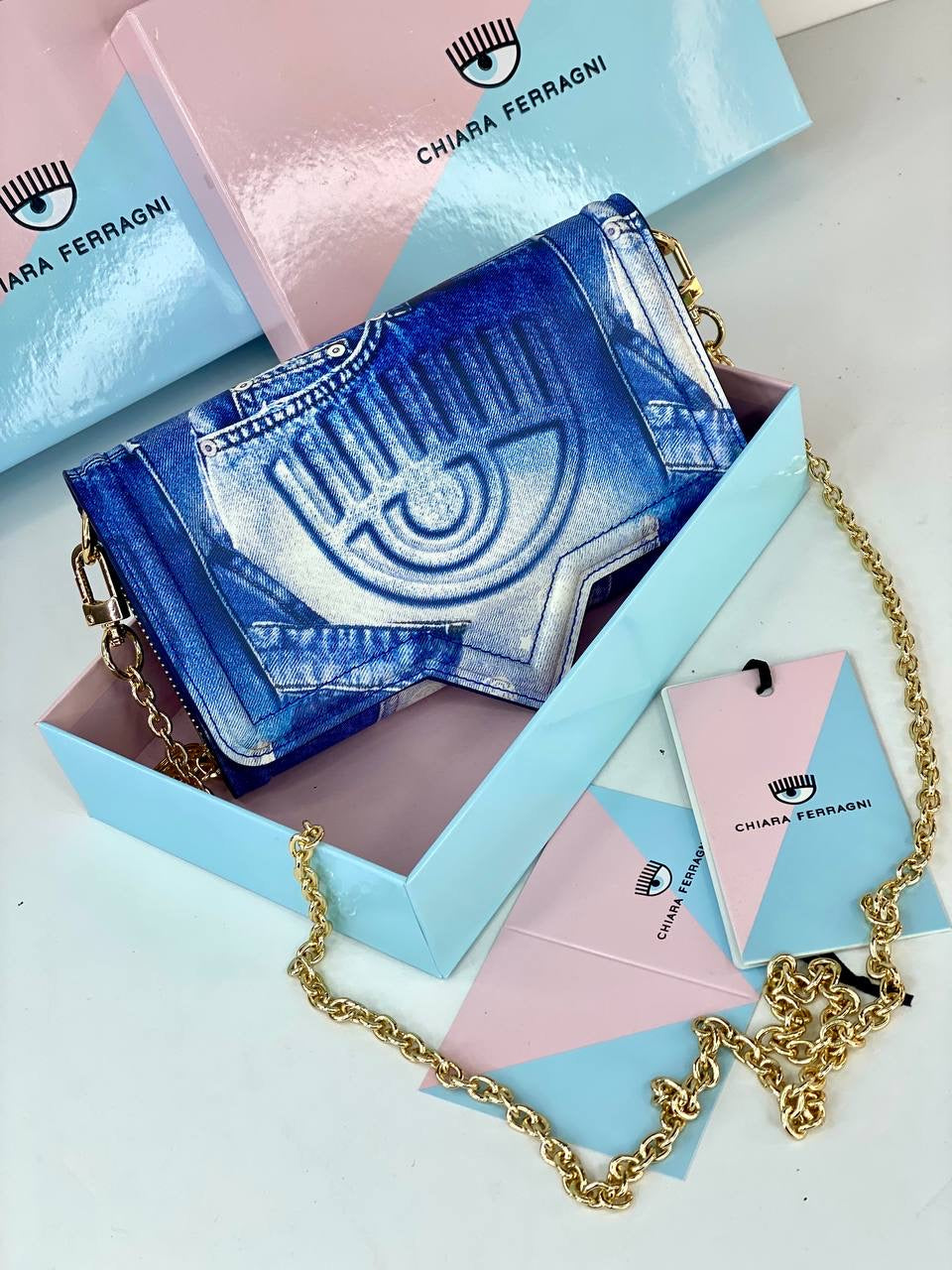 Chiara Ferragni Denim-Inspired Blue Handbag with Gold Chain