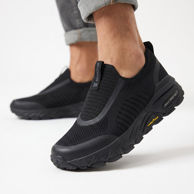 black Skechers slip-on knit sneakers with Goodyear sole