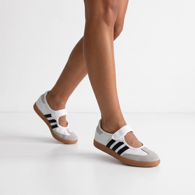 White Adidas Samba Mary Jane sneakers with black stripes and gum sole
