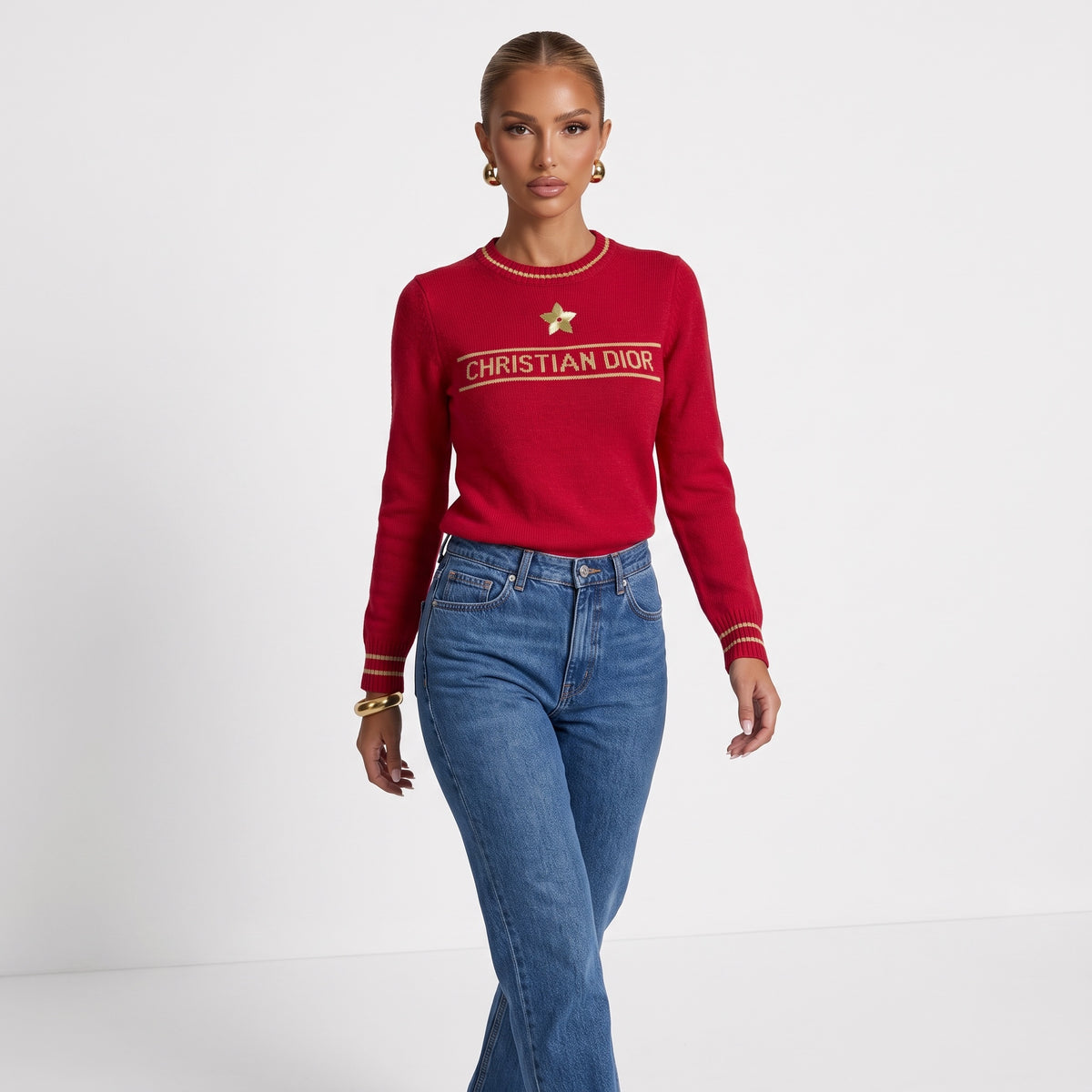 Red Christian Dior crewneck sweater with gold star and logo